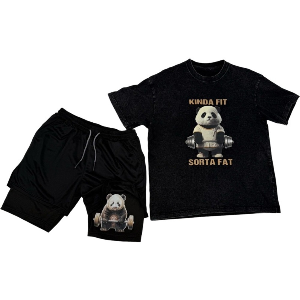 UNBRANDED Large Gym Set Black Kinda Fit Sorta Fat Panda Shirt Shorts Workout